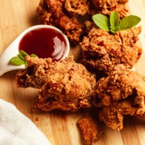 Delicious crispy fried chicken served with a tangy dipping sauce on a wooden board.